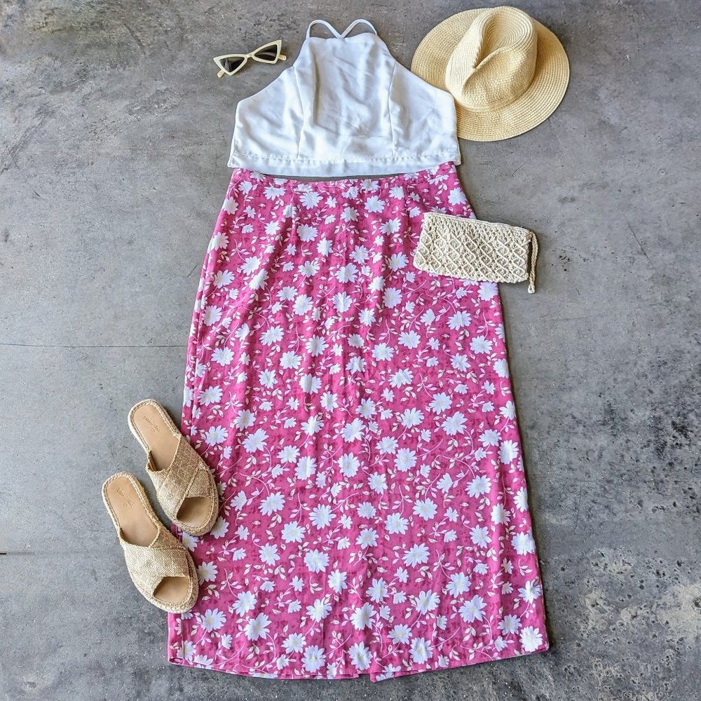 Vintage Christopher & Banks Pink White Floral Midi Skirt size 14